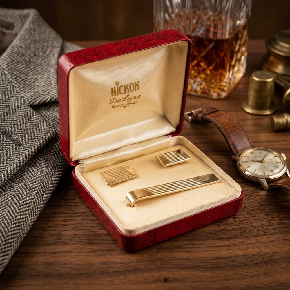 Vintage 1950s Hickok Deluxe Cufflinks & Tie Bar Set
